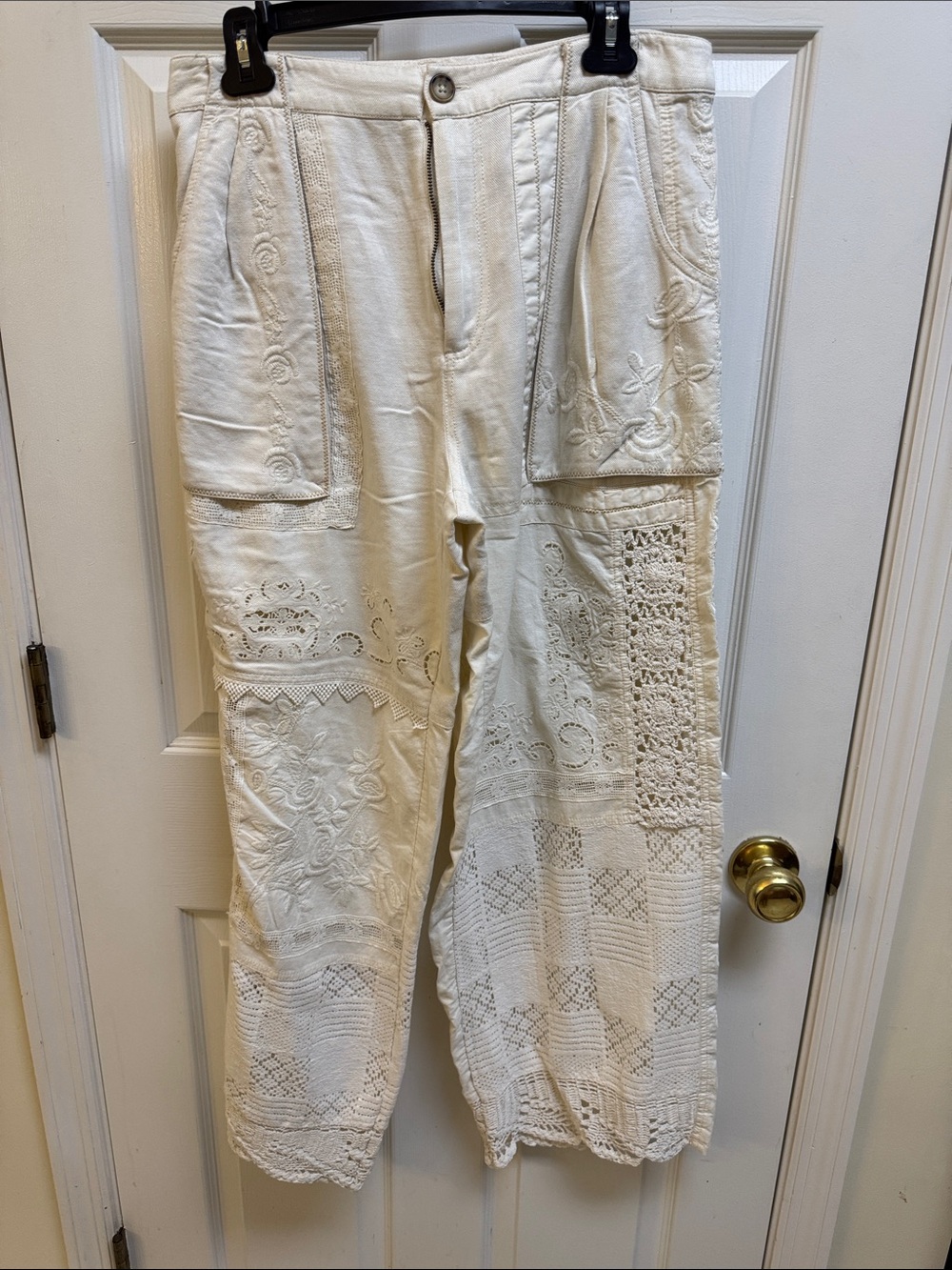 Free People Cream Embroidered Patchwork Wide Leg Pants
